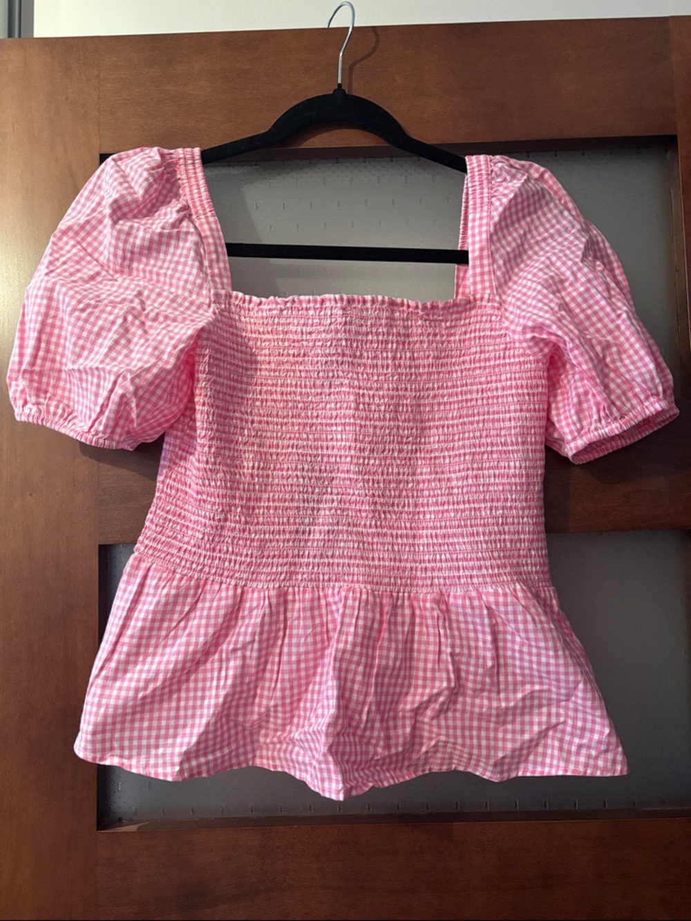French Connection Pink Gingham Smocked Peplum Puff Sleeve Top